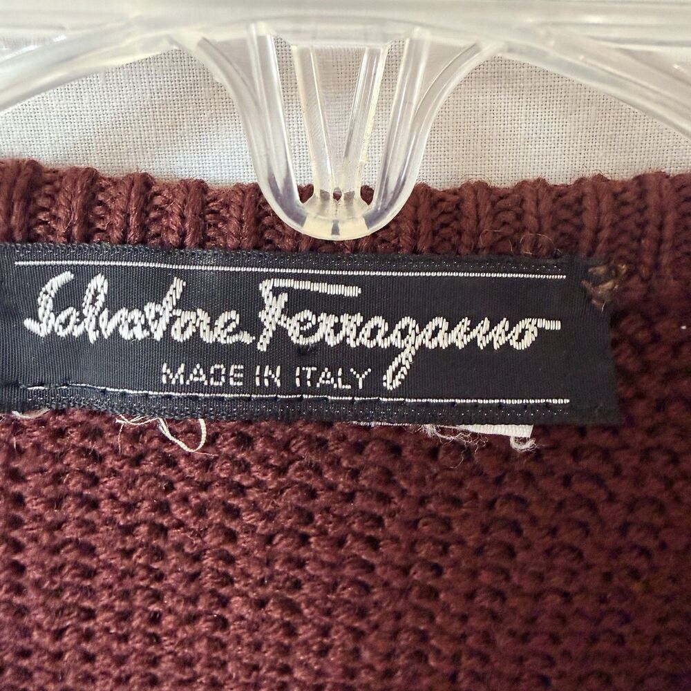Vintage Salvatore Ferragamo Cardigan Womens Brown Gold Buttons Italy Knit Pocket - Picture 11 of 16